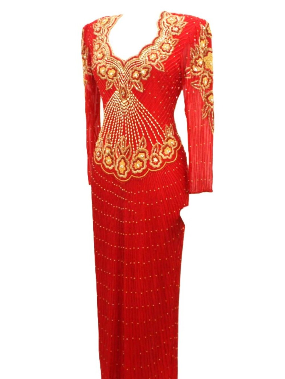 JASDEE Vintage Beaded Gown Long Sheer Sleeve Sweethaert Neck On Silk Style 1900